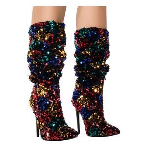 Azalea Wang Jimena Heeled Boots Rainbow Multi Sequin Embellished Stiletto 7.5